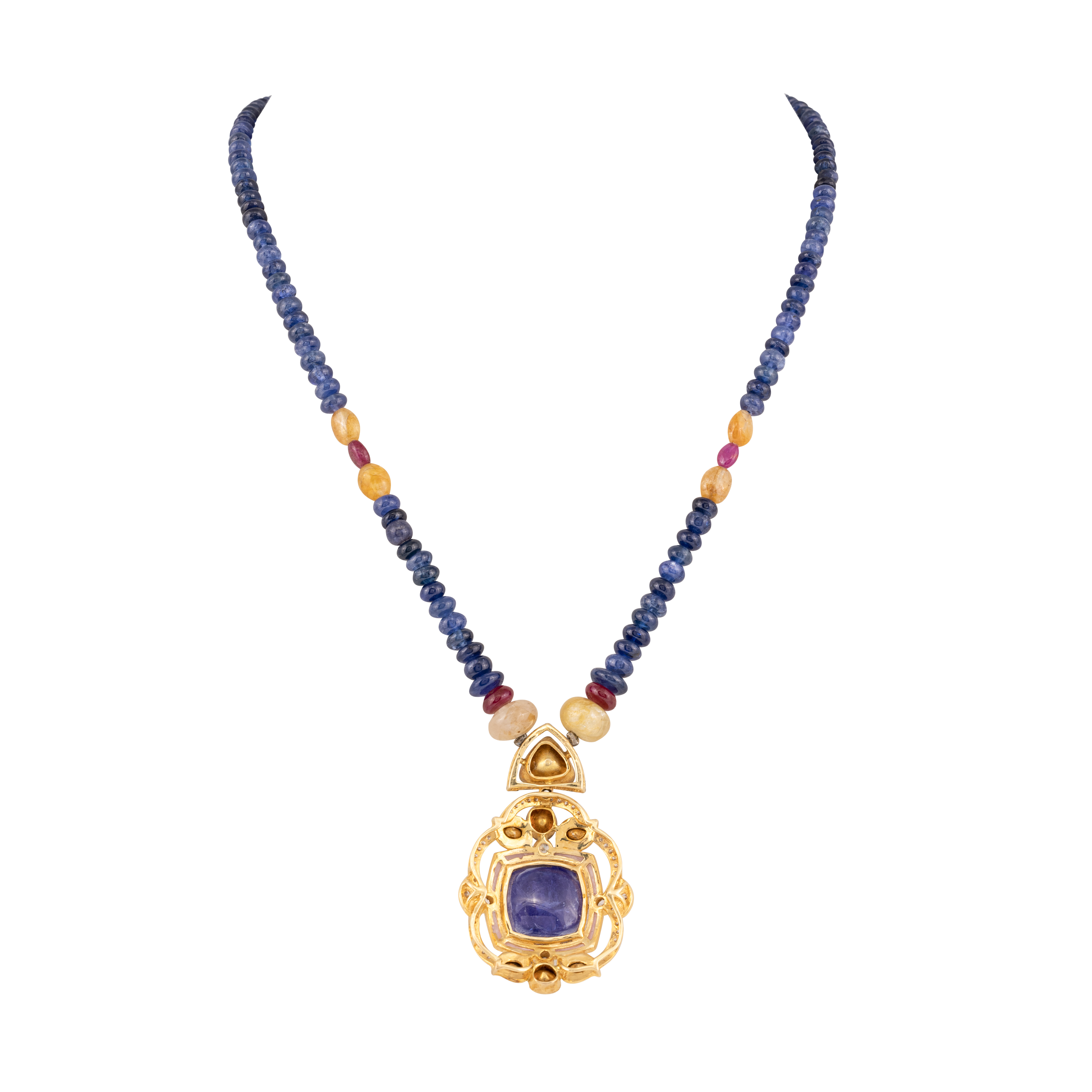 Carved Tanzanite Necklace with Polkis ,Diamonds and Sapphire Beads